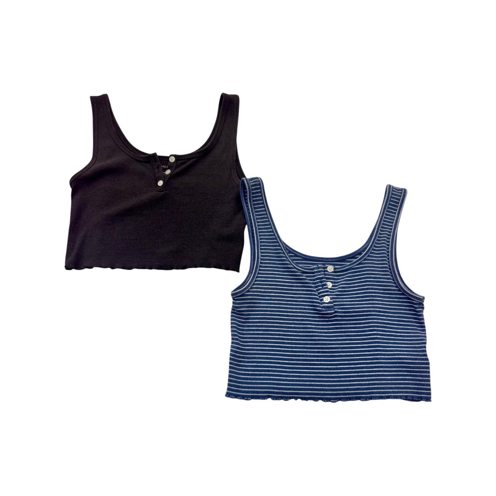 American Eagle Ribbed Cropped Henley Tank Top Bundle XS Gray Blue Stripe 2-Pack